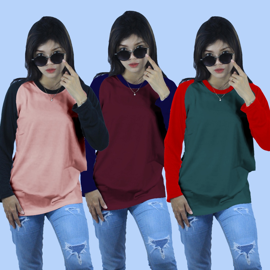 Kaos Raglan Costum Lengan Panjang  34 78 Warna Hitam Putih Abu Merah Kuning Salem Lilac Pink Biru Na