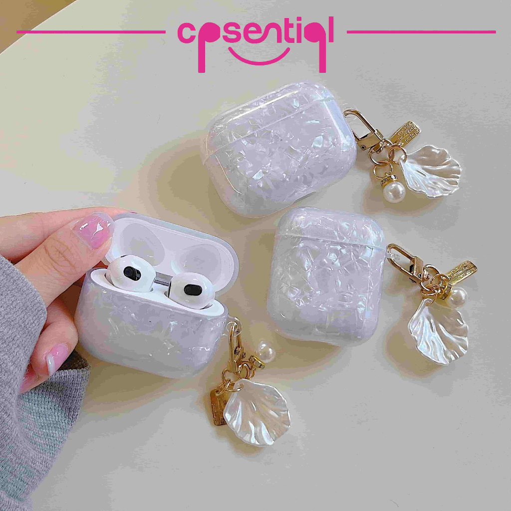 COD Case Airpods Gen 1/2 Gen 3 Pro Inpods 12 i12 | Gojodoq | Minibest | Crystal Mutiara Dengan Gantungan Kunci Model Mutiara Kerang / Shell | Pink &amp; Putih  Protection Case | Soft case | Casing Premium