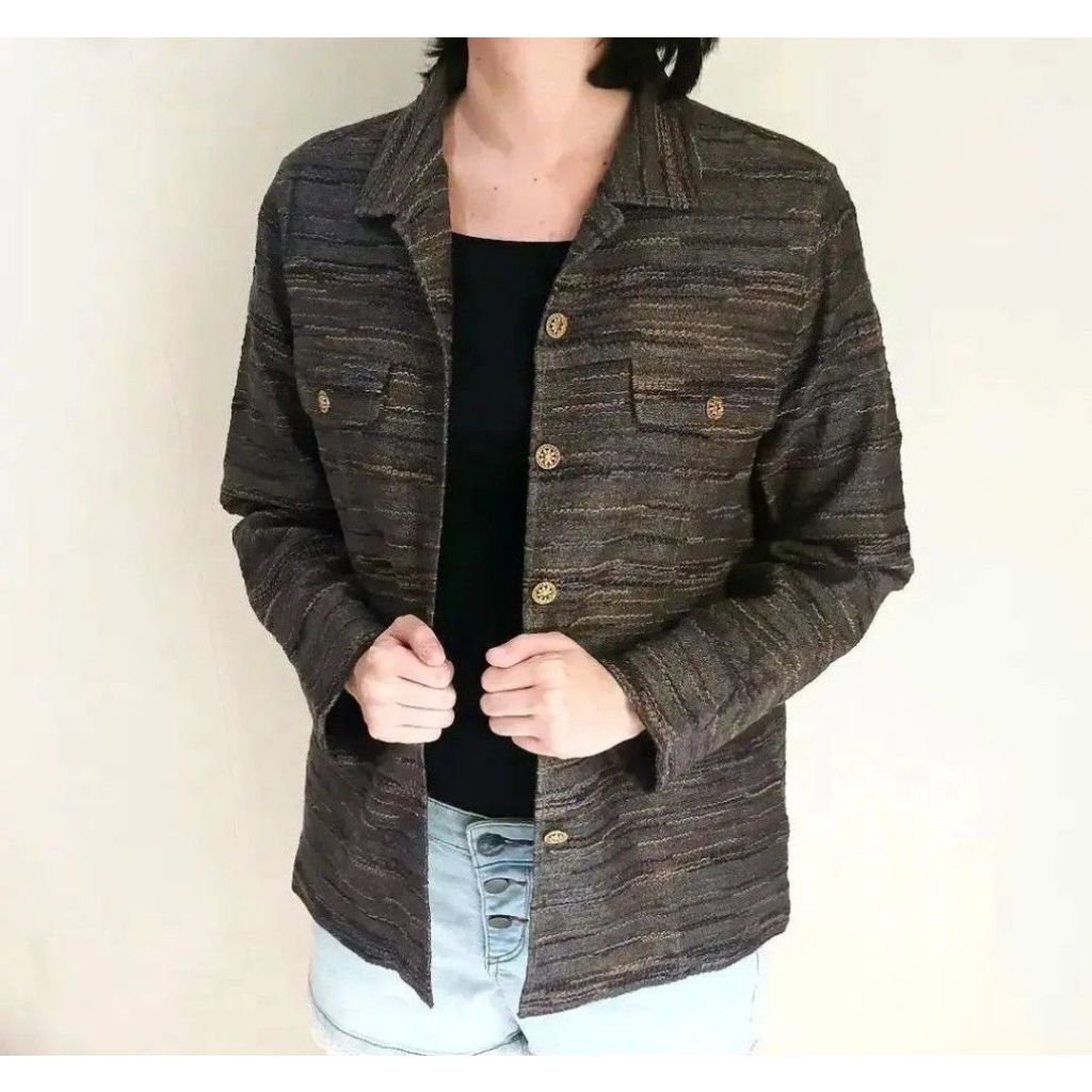 Jaket Outer Luaran Tweed Wanita Motif Salur Garis Coklat Tua
