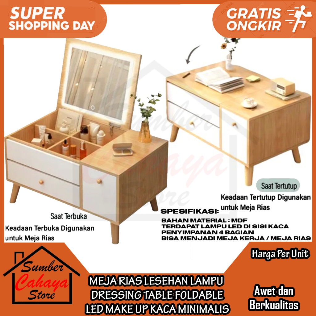 [Kargo] MEJA RIAS LESEHAN LAMPU LED CERMIN KOSMETIK DRESSING TABLE FOLDABLE MAKE UP KACA MINIMALIS M