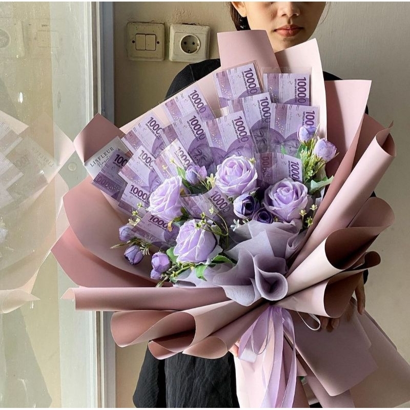 buket uang 10k 15Lembar dengan bunga artificial