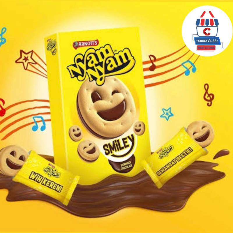 

ARNOTT’S Nyam Nyam Smiley - Sandwich Chocolate with Chocolate Cream - Biskuit Sandwich dengan Krim Cokelat 45g (isi 8bks @5.6g)