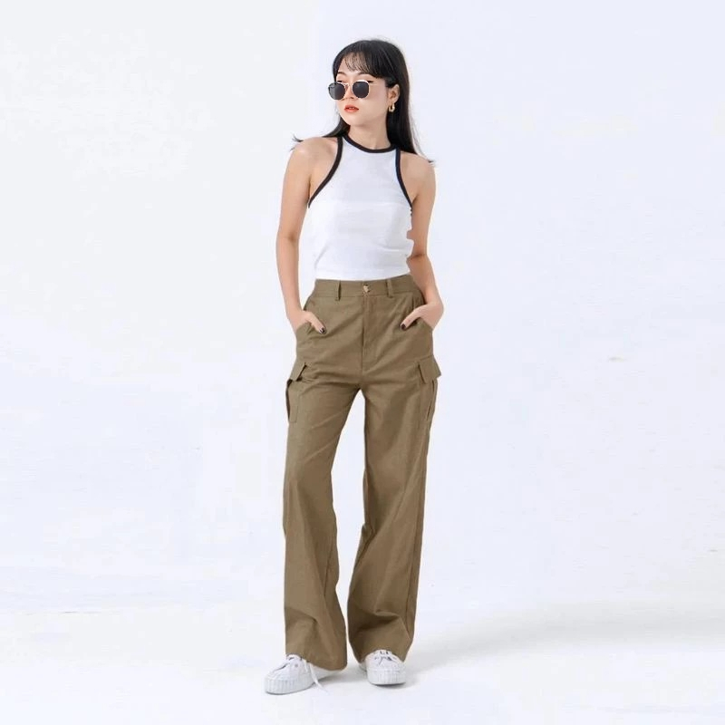 Celana Kulot Cargo Pants Resleting Twill Combed Stretch Celana Wanita