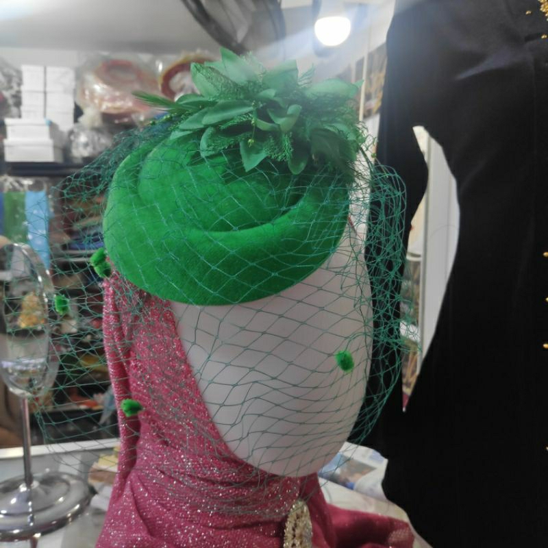 topi jala jaring fascinator hairclip headpiece headband hijau botol hiasan rambut wedding prewedding
