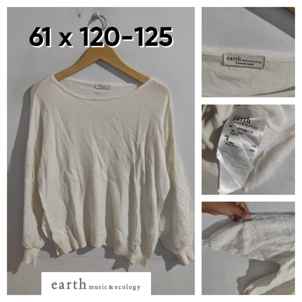Sweater Earth Music & Ecology Ivory Size L Wanita Lengan Balon Atasan Outer Cewek