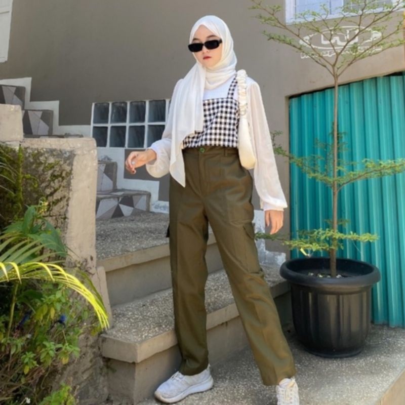 CELANA STACIE PANTS POCKET S - XXXXL BIG SIZE | CELANA CARGO LIST PANTS WANITA PRIA UNISEX COKSU BLA