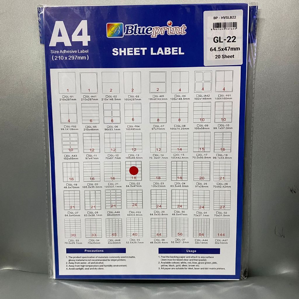 

Kertas Label Sticker HVS Doff A4 BLUEPRINT Uk 64,5 x 47 mm - 20 lembar