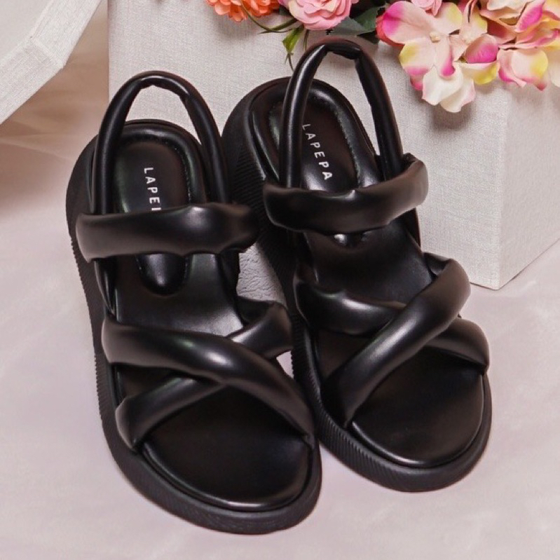 SANDAL LAPEPA Sepatu Sandal Wanita Wedges VIVIAN Model Silang dua Tali Strap Belakang Hak Tinggi Sol
