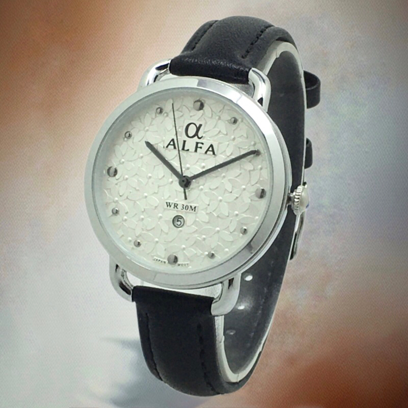 ALFA Jam Tangan Wanita Kulit Asli Series 38009 Original Garansi free kotak [SILVER]