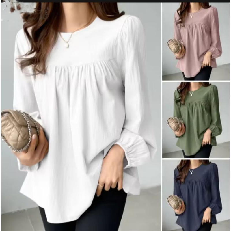 ATASAN BLOUSE WANITA KUNO LENGAN PANJANG BLUS POLOS TUNIK