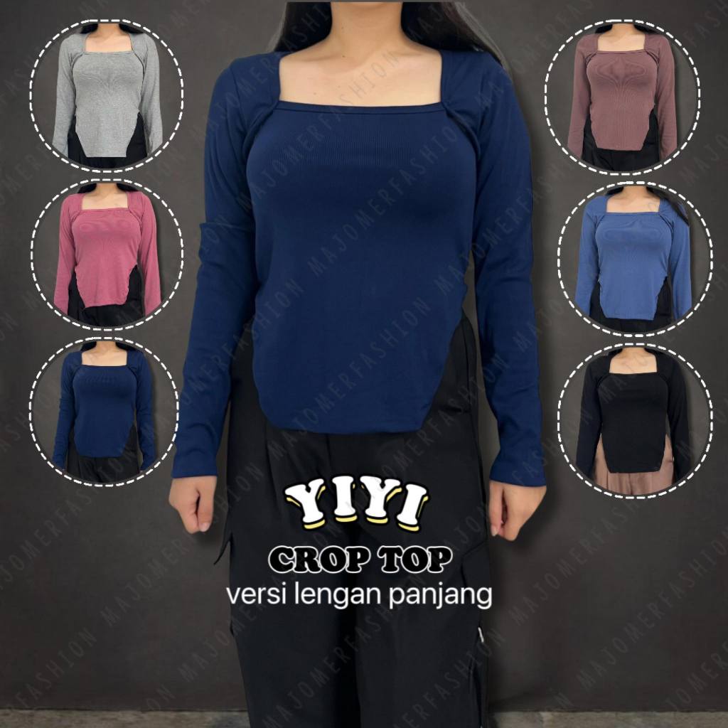 Majomer | Yiyi Crop Top Lengan Panjang Korean Atasan Wanita Tshirt Square Neck