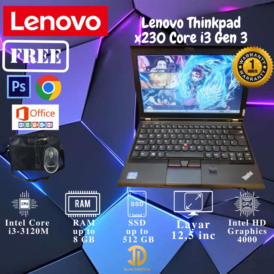 Laptop Lenovo Thinkpad X230 Core I3 Gen 3 - RAM 8GB - SSD 512GB  - MURAH MERIAH