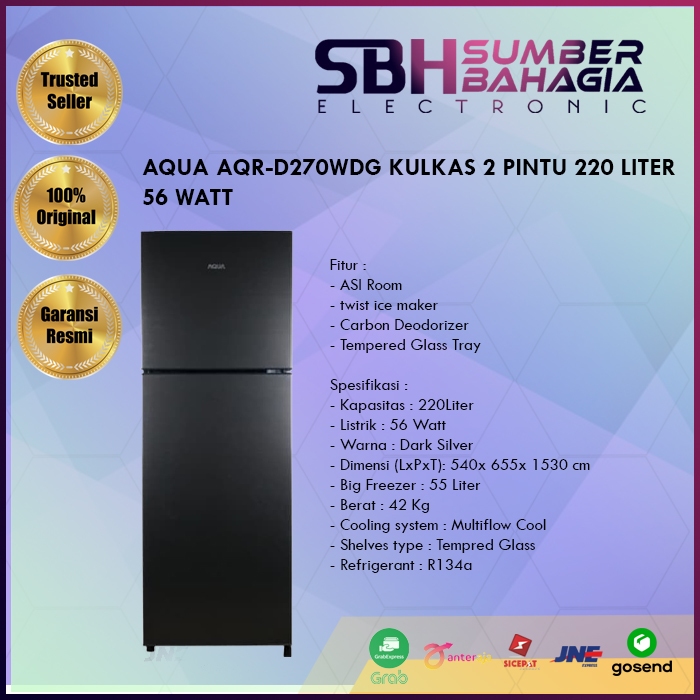 AQUA AQR-D270WDG KULKAS 2 PINTU 220 LITER 56 WATT (NEW) (KHUSUS BANDUNG)