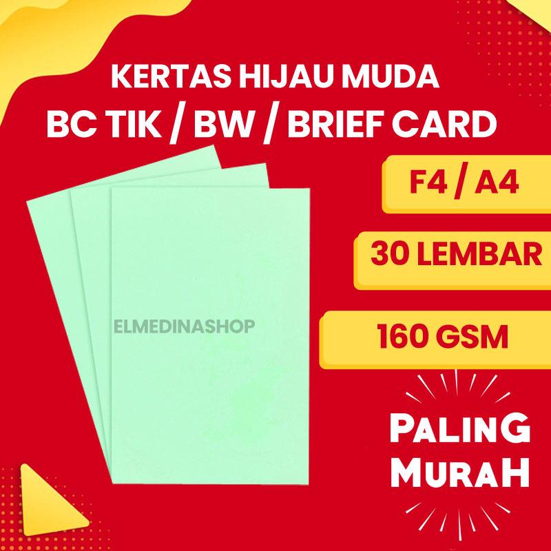 

30 Lembar Kertas Warna Hijau Muda BC Tik / Manila / BW / Brief Card F4 & A4 Gramasi Tebal 160 Gsm Untuk Ketrampilan Origami Kupon Kartu Nama Undangan Absensi Sampul Cover Buku