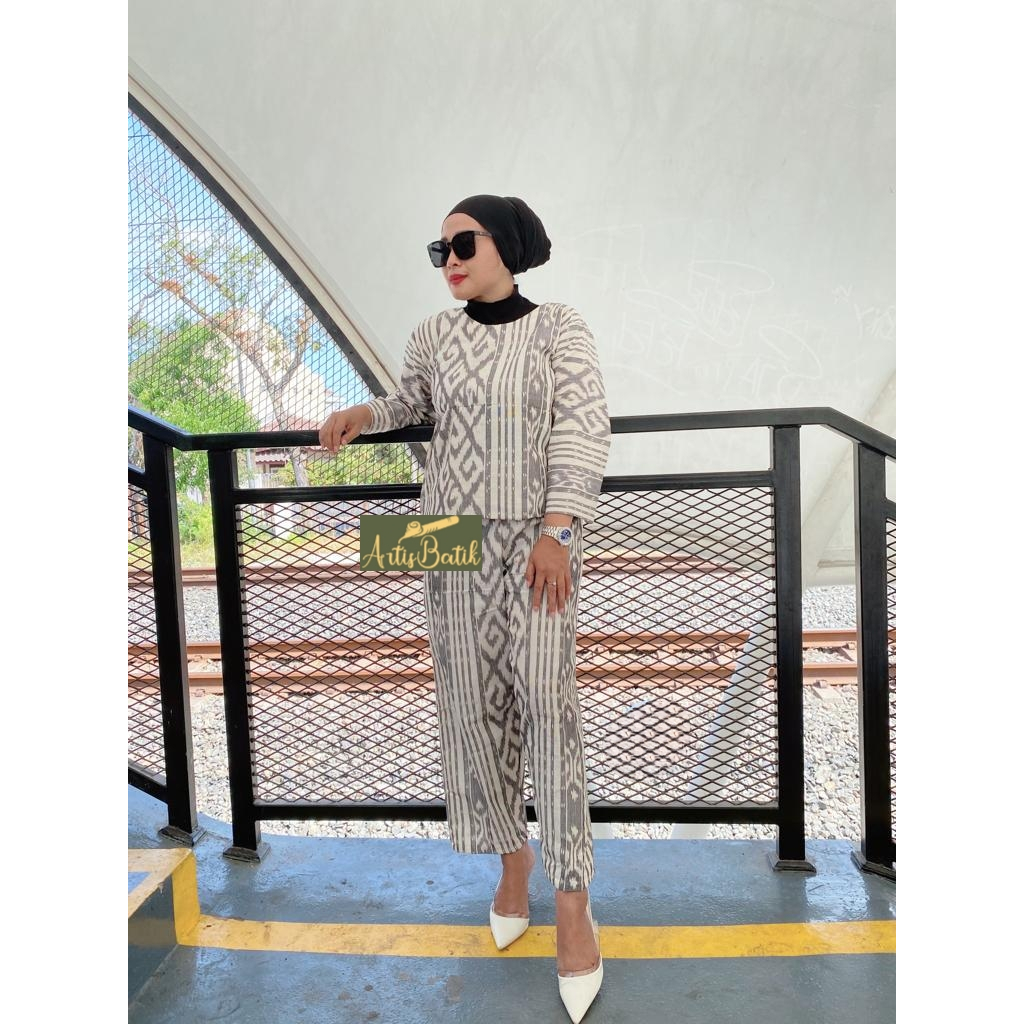 ONE SET CELANA TENUN SONGKET  SETELAN CELANA PANJANG MOTIF ABSTRAK BATIK JUMBO PAJAMAS LD 104  SETCE