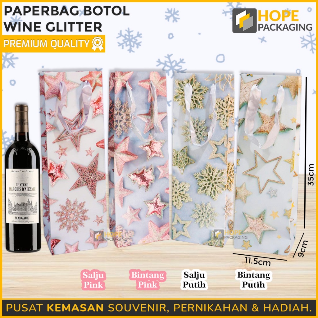 

Paper Bag Botol Glitter / Paper Bag Tumbler Size : 11.5x 9x 35 cm / Paper Wine Bintang / Tas Paper Bag Souvernir Botol Minum