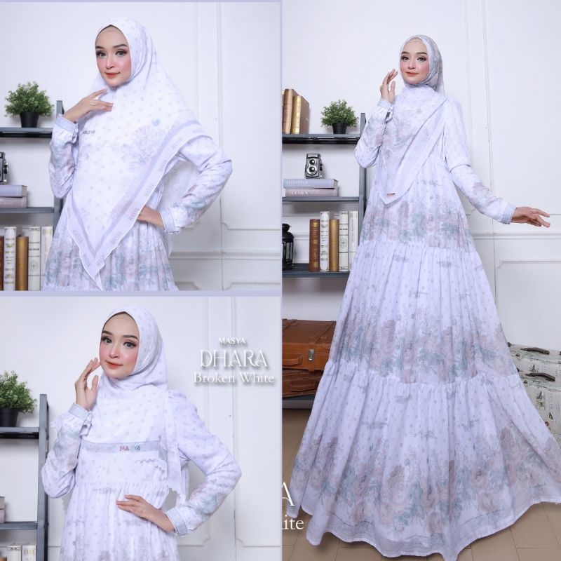 Set Gamis Dress Voal Waffle Khimar Scarf Instan Ceruty Babydoll Printing Premium Syari Branded Putih