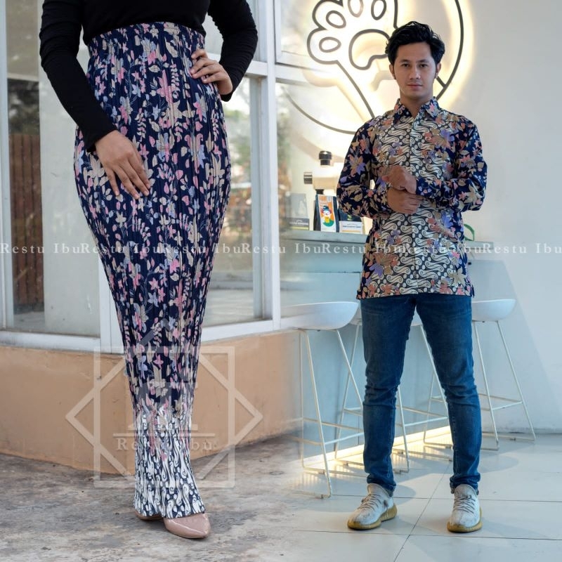 COUPLE ROK DAN KEMEJA BATIK MOTIF BOUGENVILLE NAVY / BAJU BATIK COUPLE / COUPLE KEBAYA BATIK / BATIK