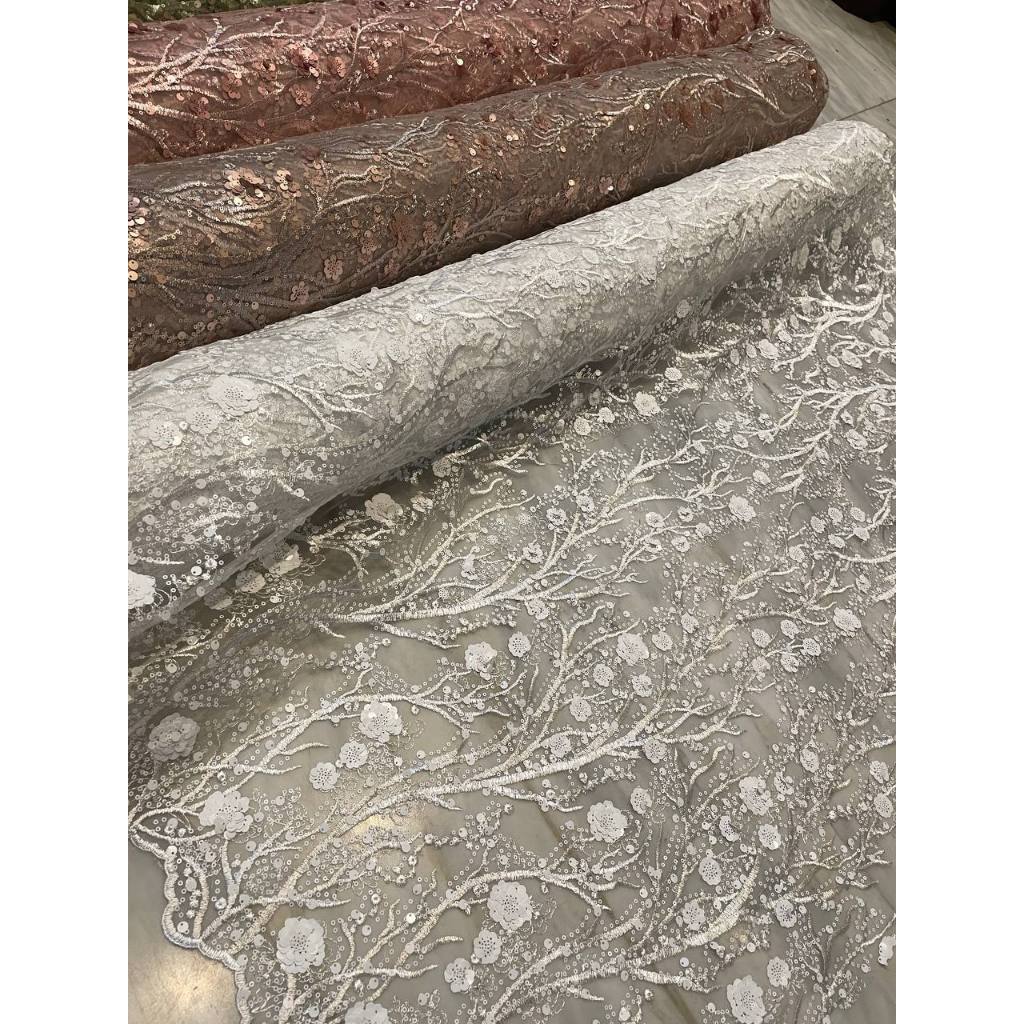 Bahan Kain Brukat Brokat Tile Bordir Payet Motif Bunga Freya Series Warna Putih Bersih White Tille T