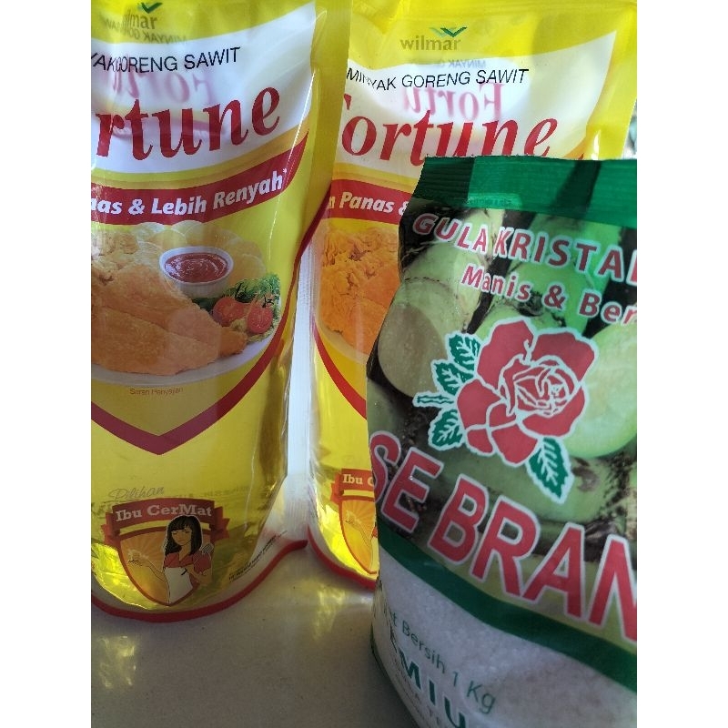 

Minyak Goreng Fortune 2 liter (kemasan 1liter)+1Kg Gula Rose Brand