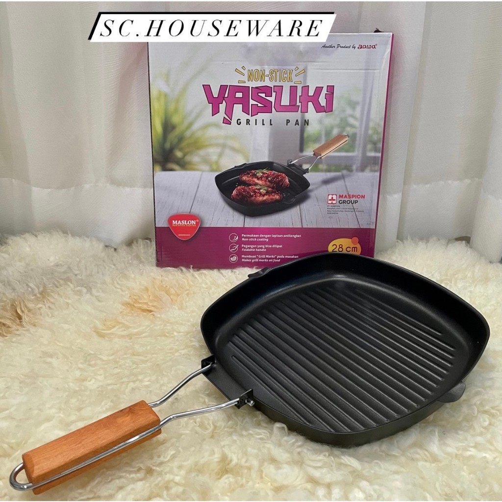 [ DISKON VOUCHER s/d 80% LIVE XTRA ] Alat Panggang Grill Pan Anti Lengket Gagang Kayu bisa Lipat | M