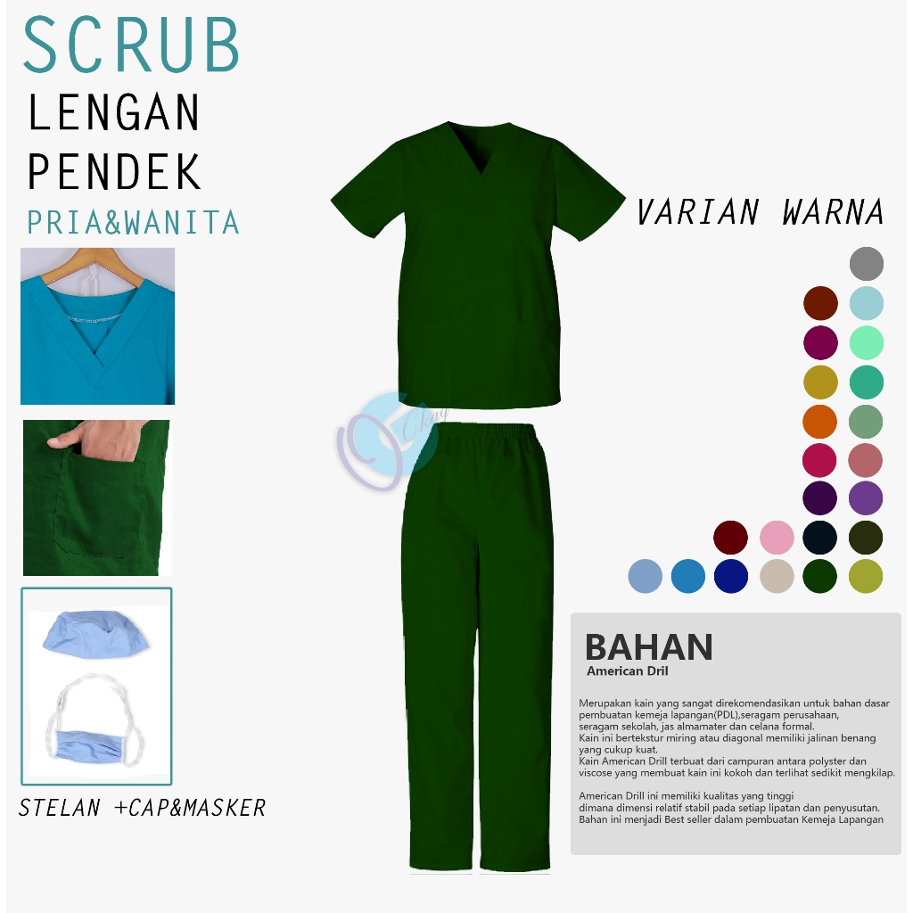 Baju Oka Lengan Pendek Warna Hijau Tua / Pakaian Seragam Ok Oka Medis Perawat Dinas Malam Kerah V Am