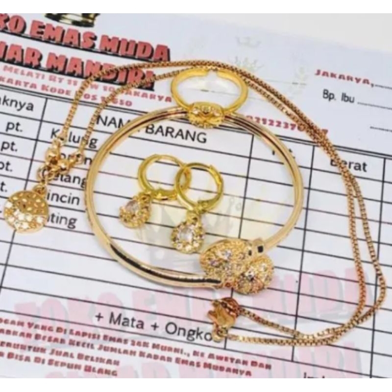 COD Emas Muda Satu Set Gelang,Kalung,Cincin,Anting Anak / Emas Set Anak Kadar 17.7% free Surat / Ema