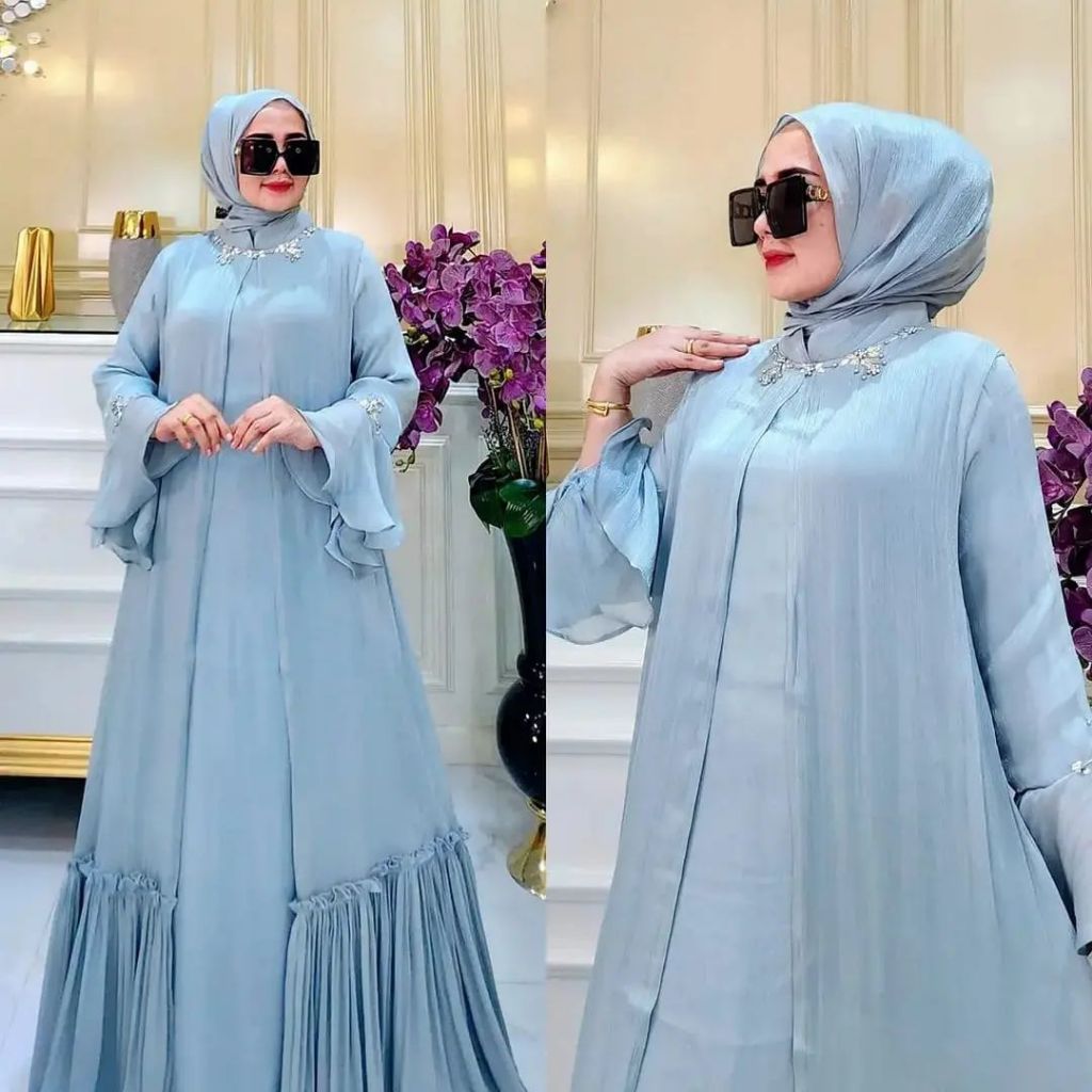 GAMIS SILK PEREMPUAN TERBARU GAMIS MEWAH KONDANGAN SAGE DRESS SHIMER SILK NAYRA FASHION BAJU LEBARAN 2024 GAMIS PUTIH MUSLIMAH VIRAL BAHAN MATT SANTORINI  MIX ORGANZA GAMIS SILK IMPOR TERKINI