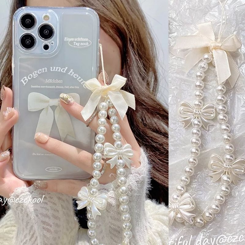 WSW JAKARTA - COD Gantungan HP Tali lanyard Manik Pita Mutiara Putih Classy Elegant Korea Style