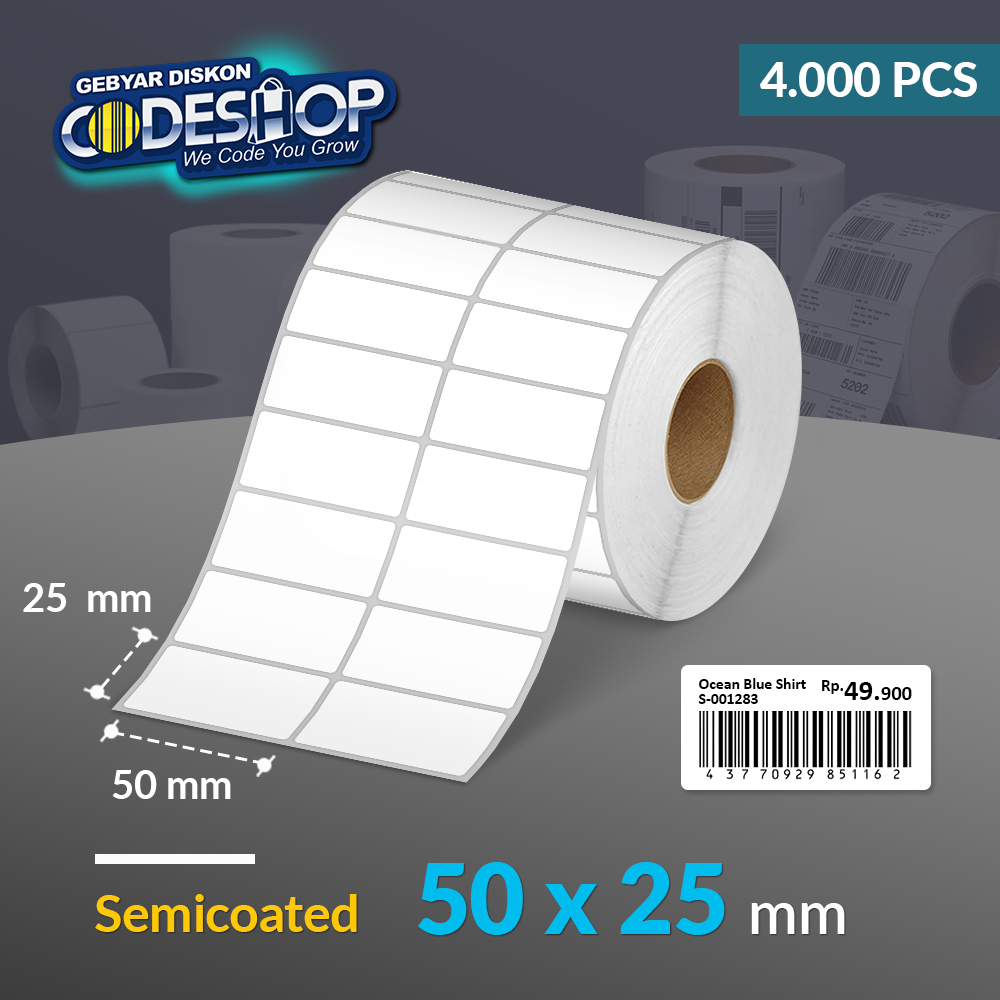 

Codoeshop Label Semicoated 50 x 25 mm 2 Line Stiker Printer Barcode Core 1 Inch Isi 4.000 Pcs