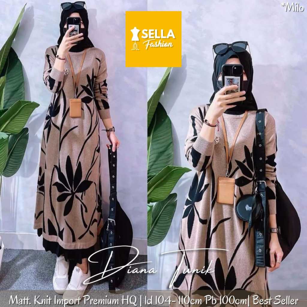 Diana Long Tunik Sella Rajut Premium Ld 100 110 Motif Daun Terbaru Kekinian Harian Kuliah Cewe Canti
