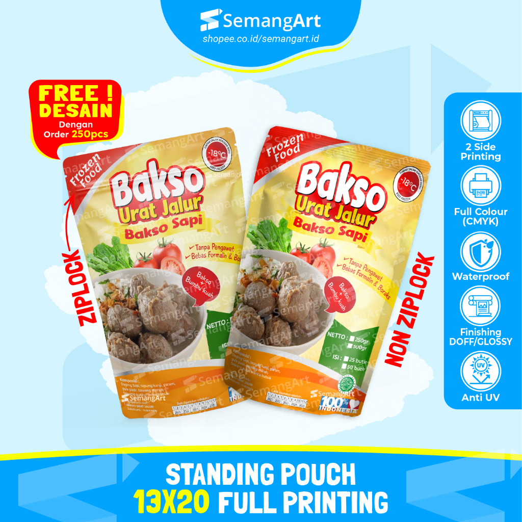 

Kemasan Standing Pouch Cetak Full Printing 13X20cm Aluminium Foil Plastik Klip Ziplock Zipper