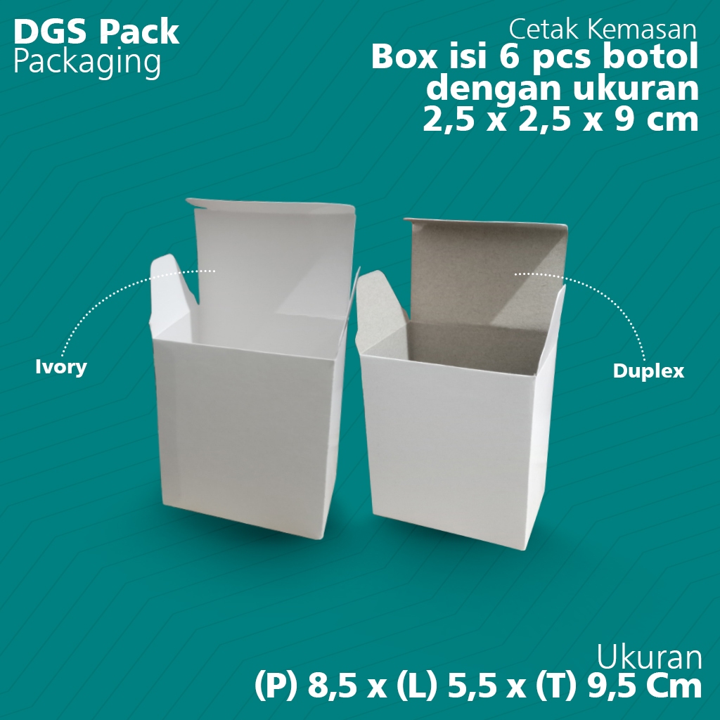 

Box Polos bisa untuk 6 botol parfum ukuran 2,5 x 2,5 x 9 cm ukuran box 8,5 x 5,5 x 9,5 cm