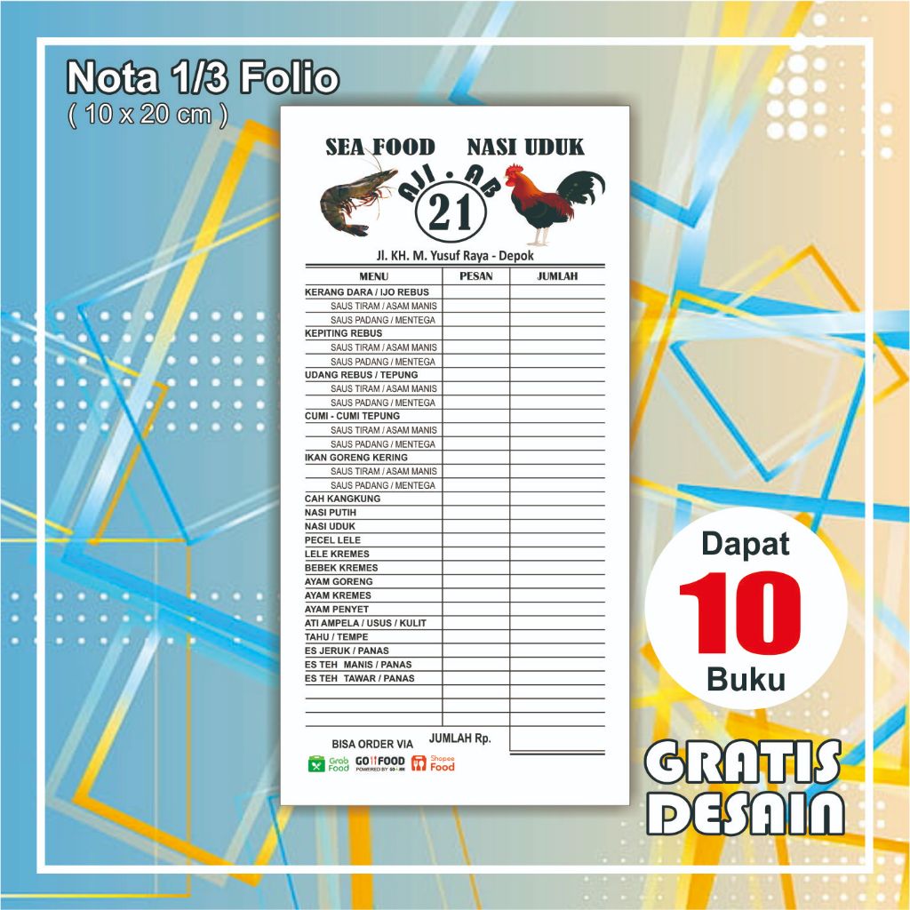 

Nota 1/3 Folio 2 rangkap dapat10 buku Nota custom dengan nama toko sendiri free desain