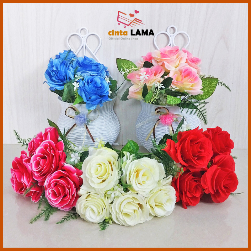 Bunga Hias Mawar Plastik Ornamen Pot Gantung Dekorasi Dinding Rumah Artificial Tanaman Kembang PBP35
