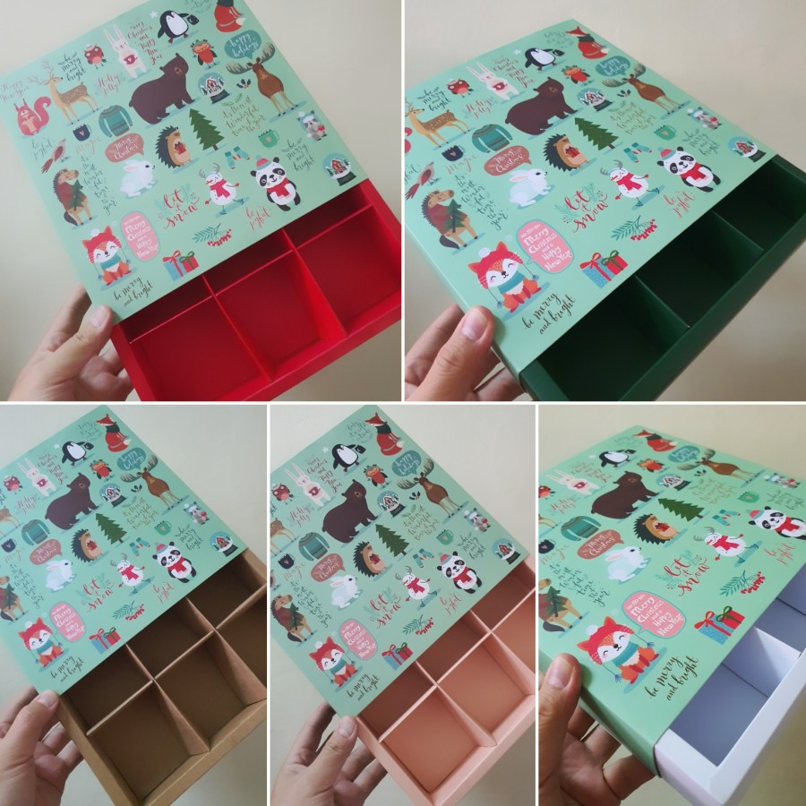 

(5pcs) kardus pie sekat 9 motif green christmas box kotak eggtart natal hampers packaging ukuran 7x7x4cm