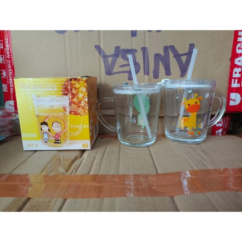 GELAS MINUM ANAK MOTIF KARAKTER GELAS SUSU GAGANG + SEDOTAN 400ML kemas box pabrik