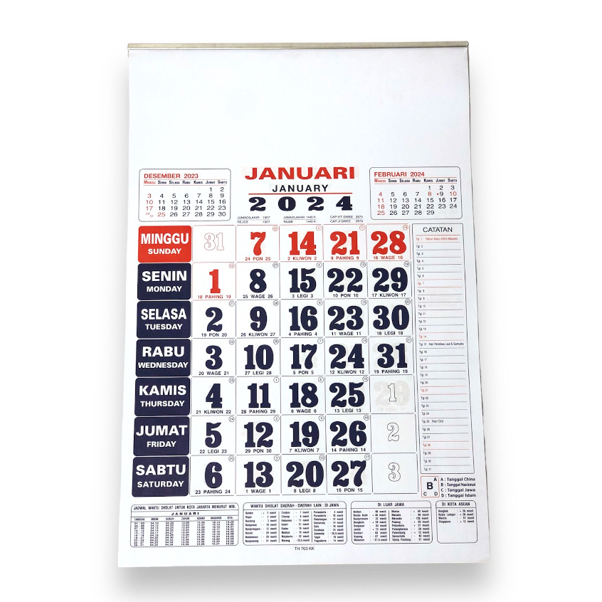 Kalender Dinding / Calender Tahun 2024 Ukuran Medium ( 48 x 32 Cm) #TH24 703 Calender Kerja 12 Lembar Per 1 Bulan – Satuan