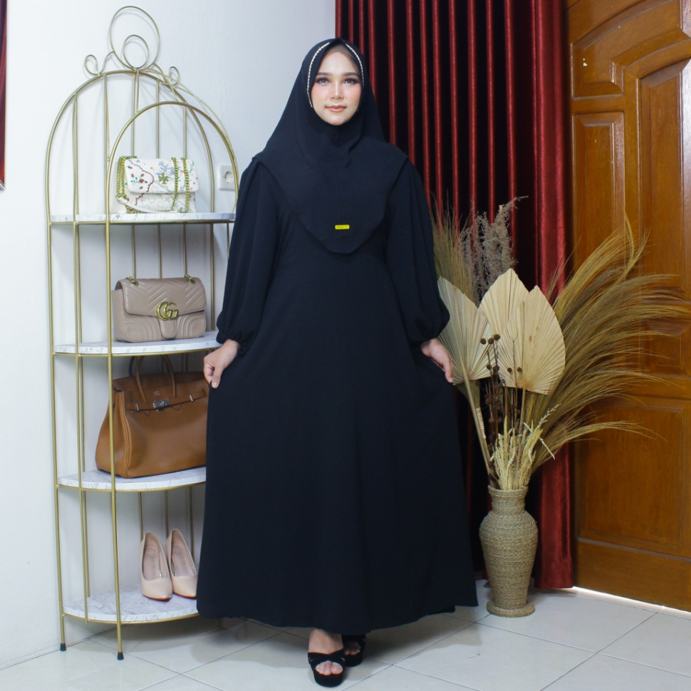 Putroelabel - Gamis Lora Premium Hitam Set Hijab | Dress Casual Wanita Busui Friendly