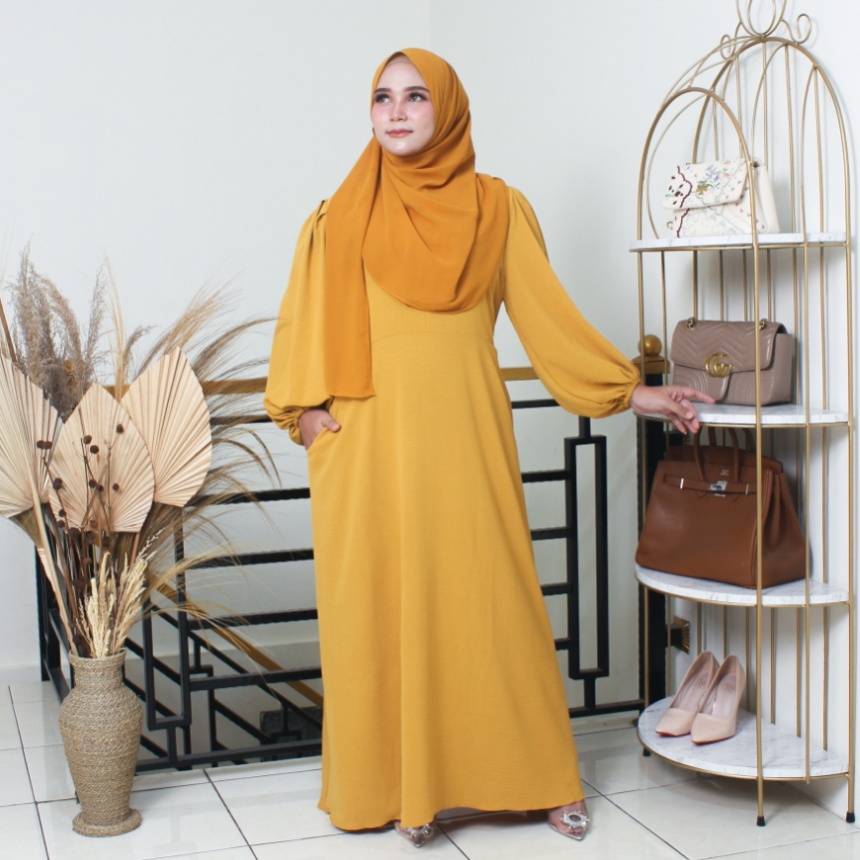 Putroelabel - Gamis Lora Premium Mustard Set Hijab | Dress Casual Wanita Busui Friendly