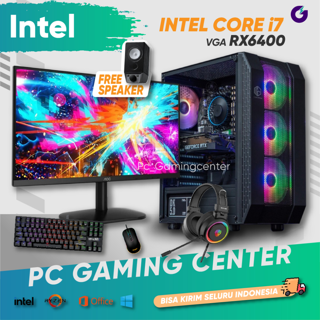 PC GAMING I7 VGA RX 6400 RAM 16GB SSD 512GB KOMPUTER DESAIN RENDERING LIVE STREAMING LENGKAP MONITOR