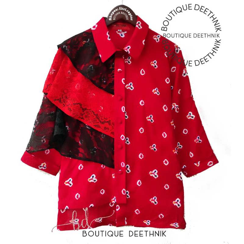 Deethnik baju batik jumputan asli blus jumputan warna merah mix brokat batik gaul