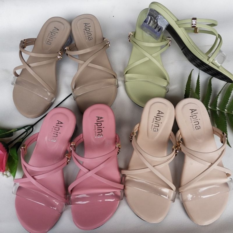 Sendal anak perempuan hak kaca mika silang