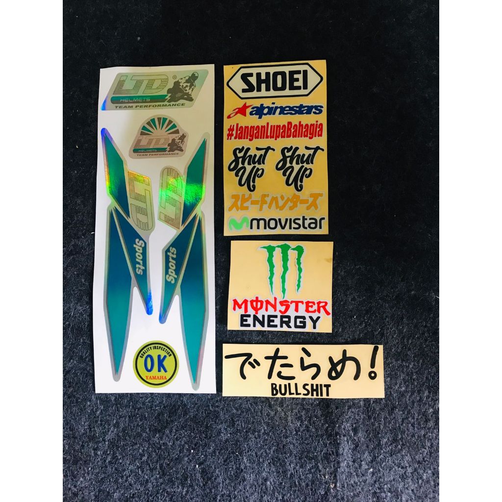 PROMO STIKER GAMBAR LTD HOLOGRAM HIJAU,STIKER HELM SHOEI-MOVISTAR,DAN STIKER GAMBAR BULLSH1T HITAM,M