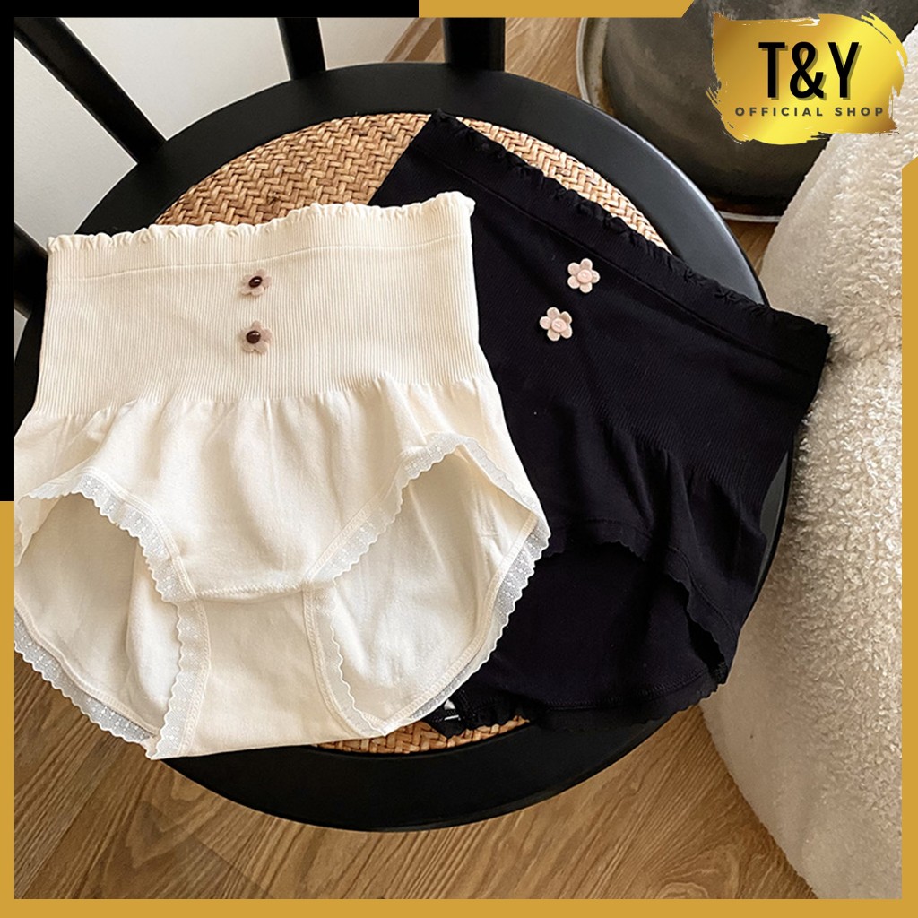 T&Y Celana Dalam Wanita Highwaist Renda Motif 2 Bunga Anti Bakteri Celana Pendek Bahan Katun Renda S