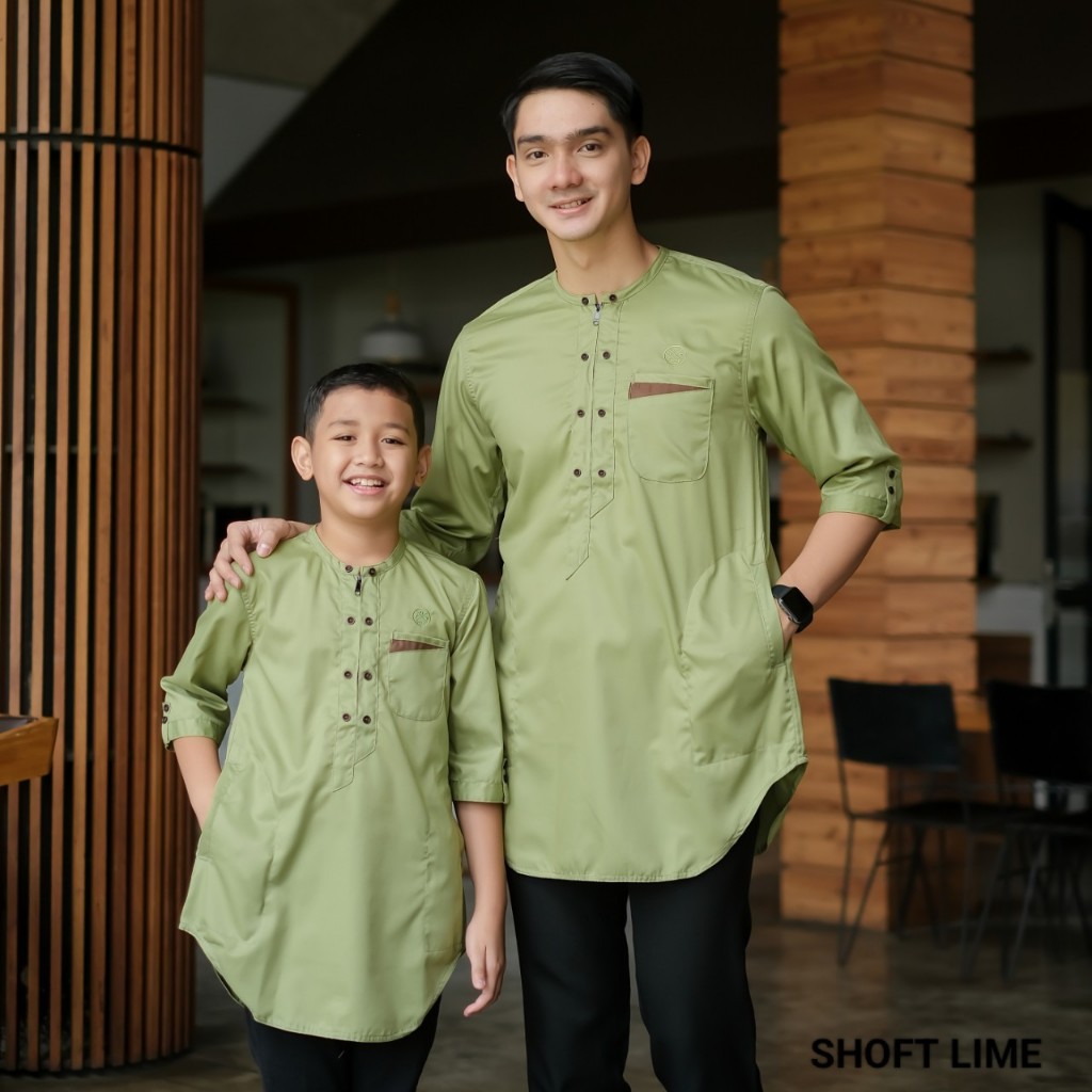 Baju Koko Couple Ayah & Anak Laki laki 3/4 Model Kurta Sanghay Ziper Baju Muslim Couple Keluarga