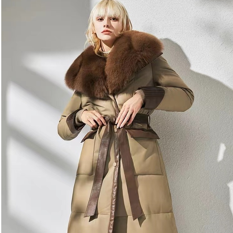 Jaket Kulit Asli Bulu Angsa Putih 90% Tebal dan Hangat Wanita Jaket Kulit Domba Panjang Menengah Ker