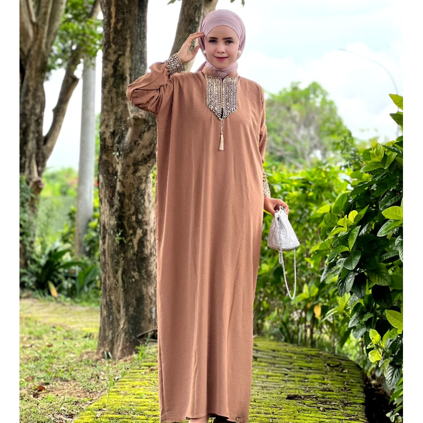 Gamis Sultan Renda Kringkle Airflow Premium Dress Kaftan Arab Polos Simple Busui Friendly Hitam-Coksu Kaftan