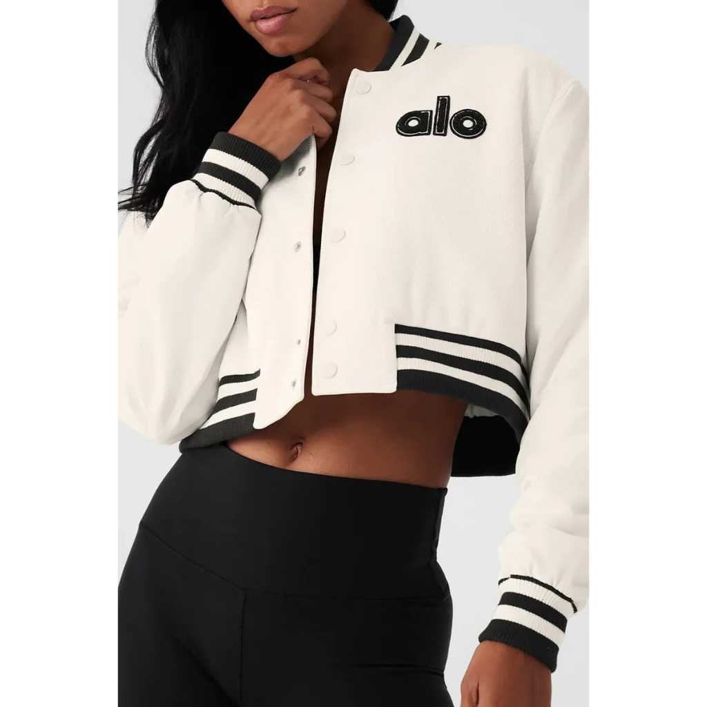 ALO Crop Top Jacket, Varsity Bomber Sweater Crop Wanita