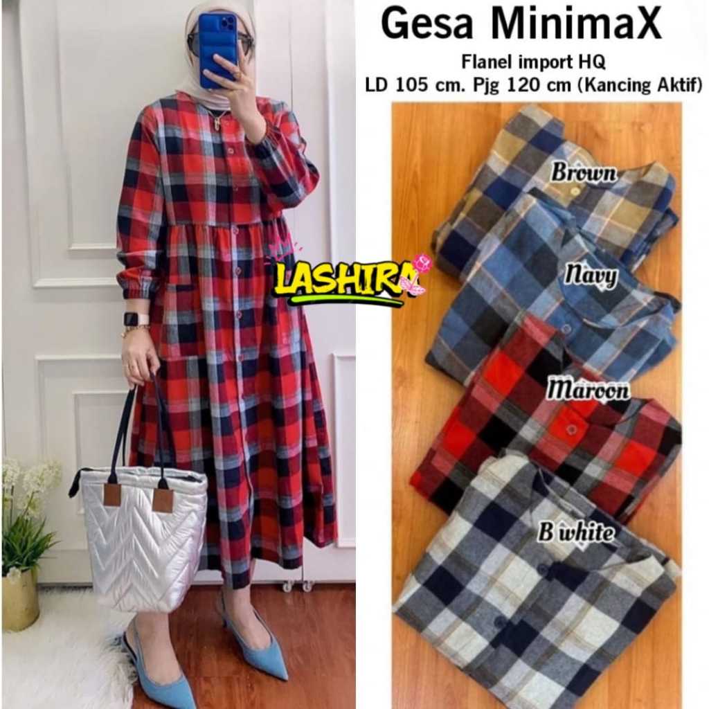 gesa midi dress flanel import ld 105 pakaian baju longdress long dres gamis motif kotak siize xl per